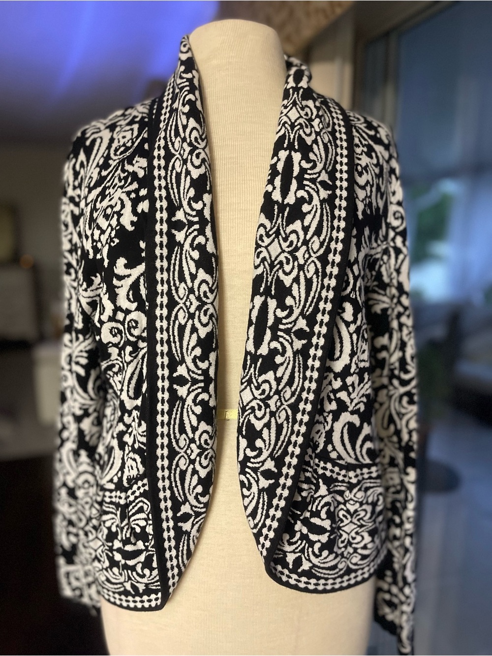 Style & Co. Black and White Open-Front Jacquard Blazer